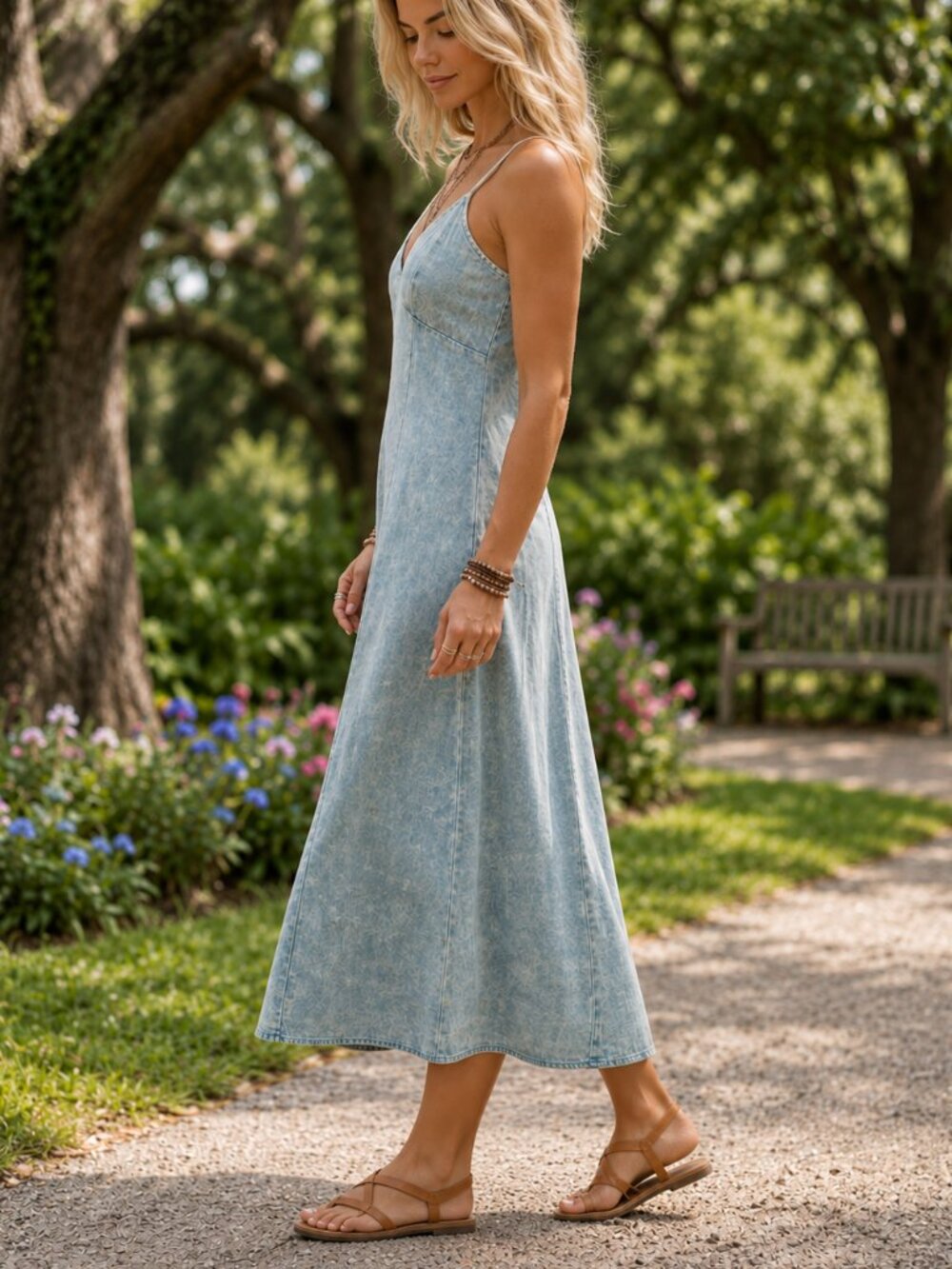 Zenana Soft Tencel Denim Light Wash Maxi Dress Flowy Cami Sundress Blue NWT - Picture 3 of 10